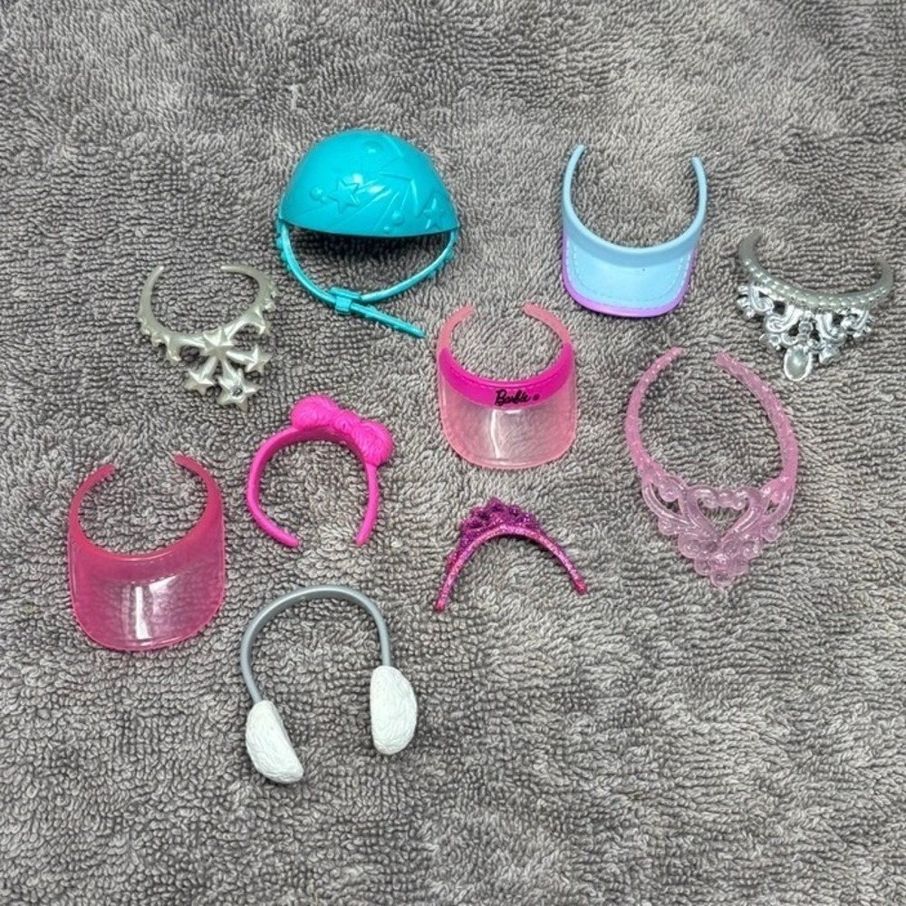 Barbie Doll Accessory Lot Pink Blue Silver Tiaras Helmet Visors Earmuffs 10pc